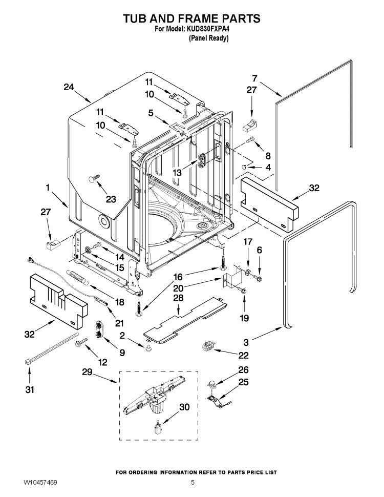 TUB AND FRAME PARTS Diagram and Parts List for KUDS30FXPA4  KitchenAid Dishwasher