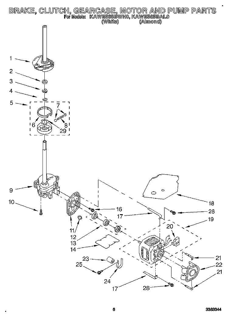 BRAKE, CLUTCH, GEARCASE, MOTOR AND PUMP Diagram and Parts List for KAWE565BAL0  KitchenAid Washer
