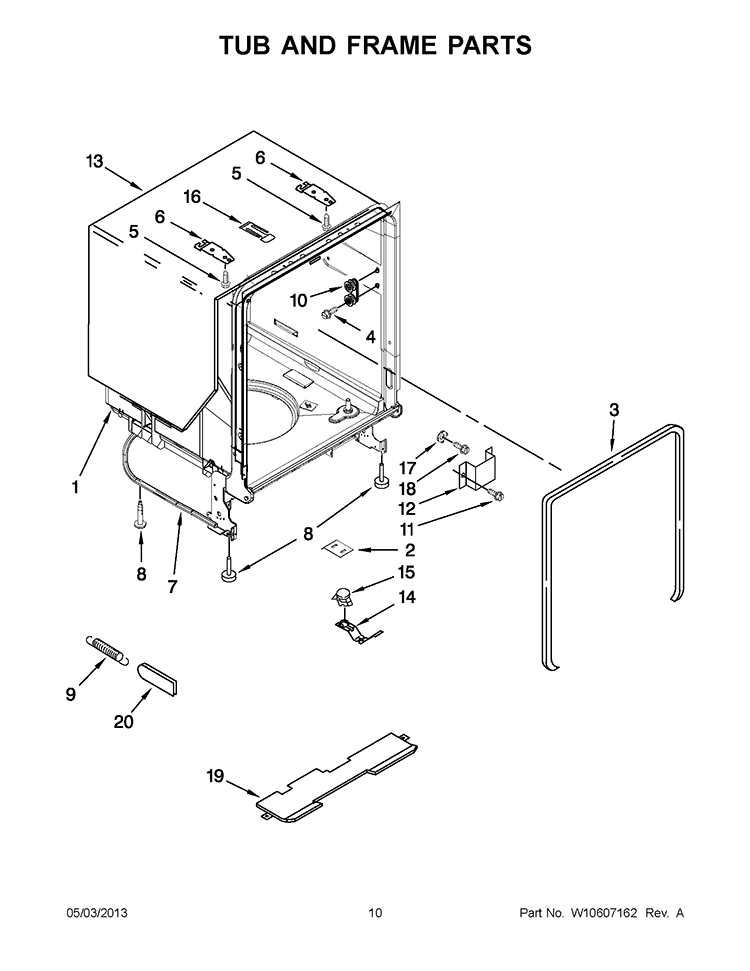 TUB AND FRAME PARTS Diagram and Parts List for 7WDF530PAYM5  Whirlpool Dishwasher