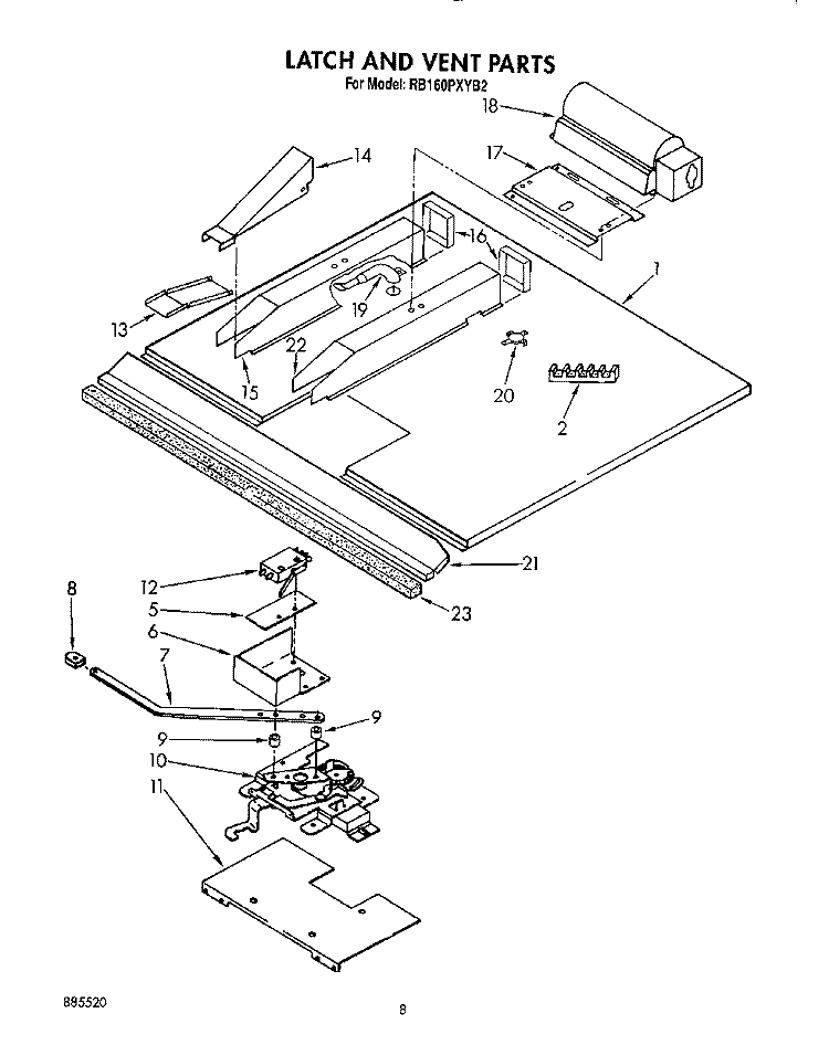 LATCH AND VENT Diagram and Parts List for RB160PXYQ2  Whirlpool Wall Oven