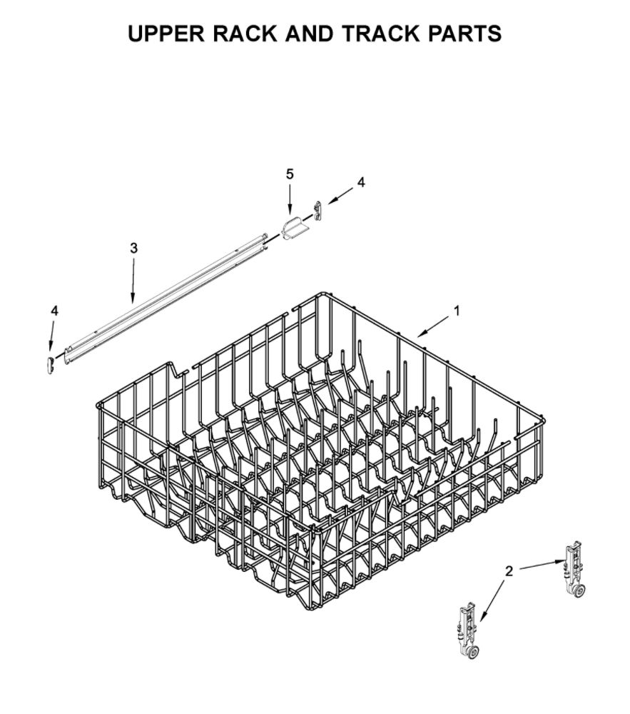 Upper Rack And Track Parts Diagram and Parts List for WDF130PAHB2  Whirlpool Dishwasher
