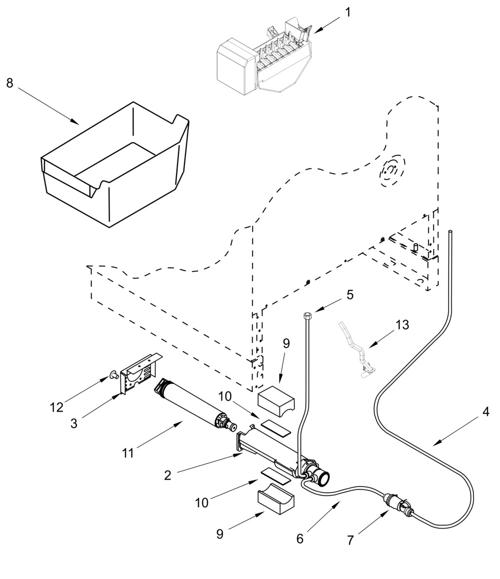 Icemaker Parts Diagram and Parts List for KUDF204KSB01  Whirlpool Refrigerator