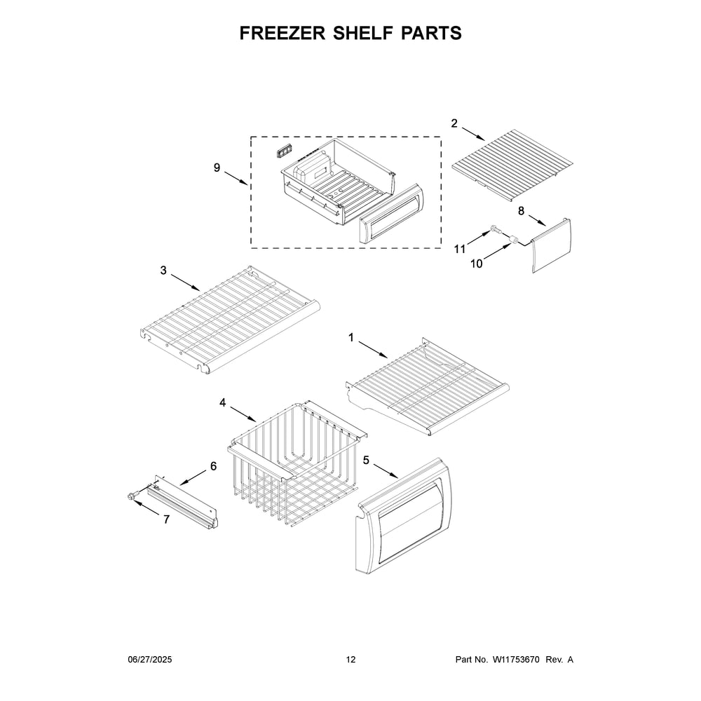 Freezer Shelf Parts Diagram and Parts List for KBSN708MPS01  KitchenAid Refrigerator