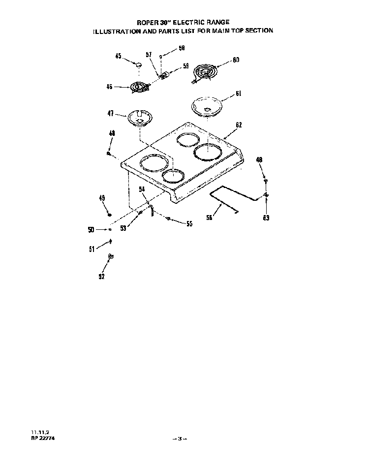 Main Top Diagram and Parts List for 2233*1A  Roper Range