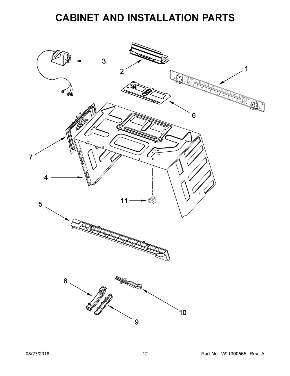Cabinet And Installation Parts Diagram and Parts List for YWMH78019HZ1  Whirlpool Microwave