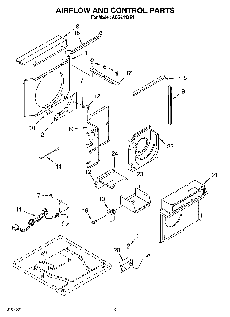 AIRFLOW AND CONTROL PARTS Diagram and Parts List for ACQ244XR1  Whirlpool Air Conditioner