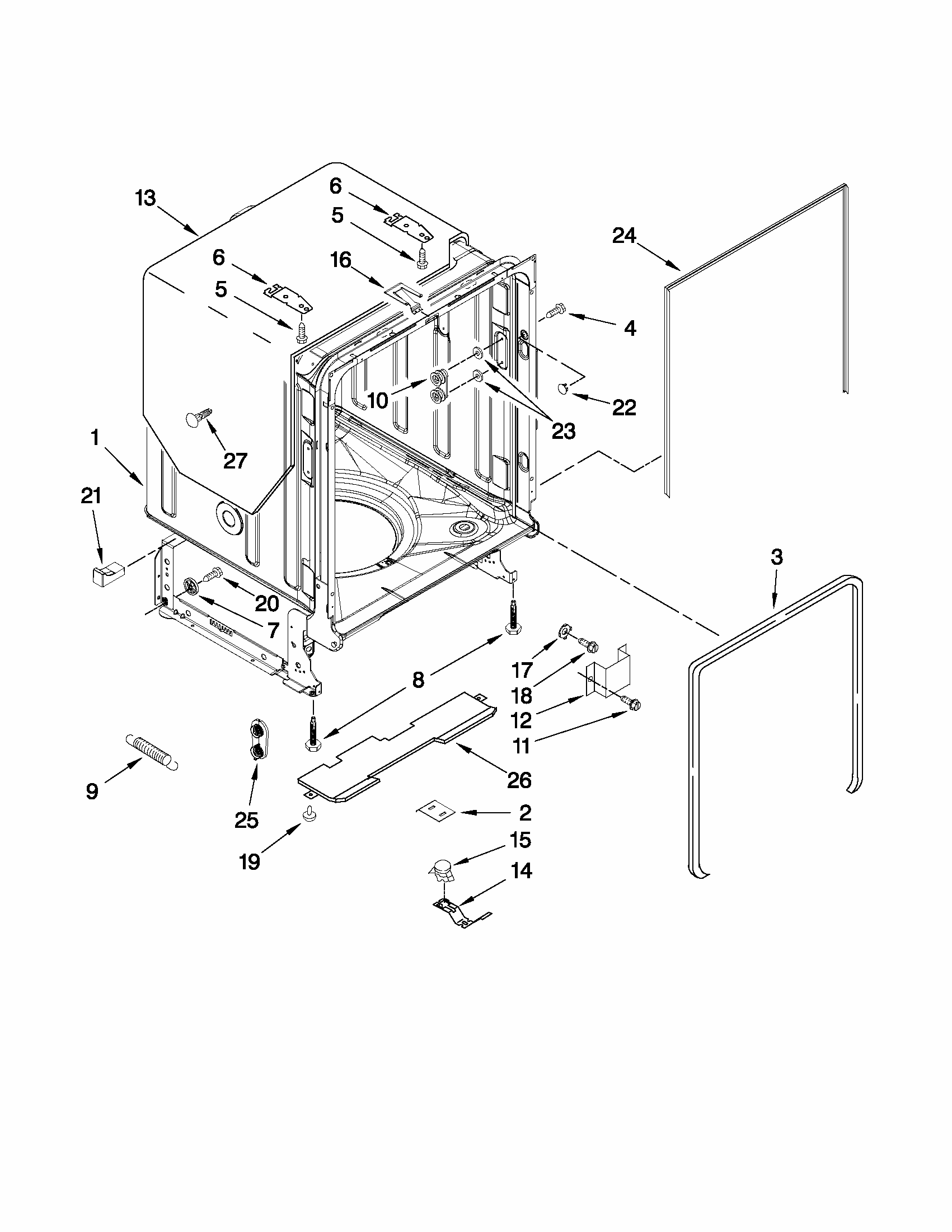 Tub And Frame Parts Diagram and Parts List for 66513362K111  Kenmore Dishwasher