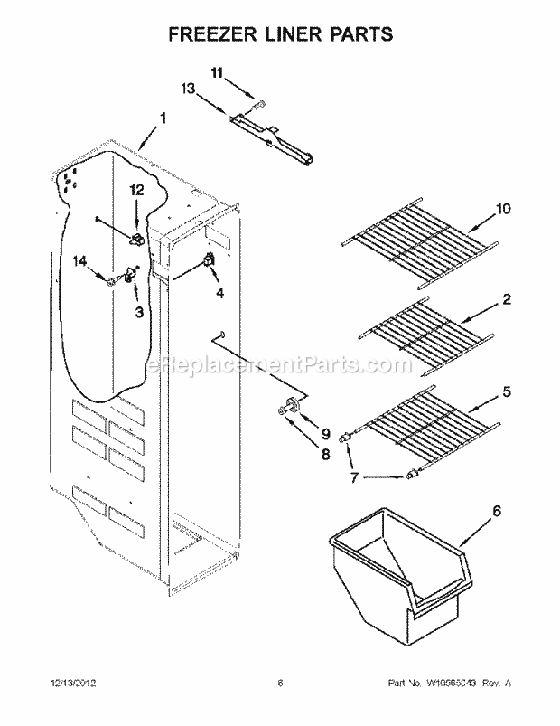 Freezer Liner Parts Diagram and Parts List for WRS322FDAW00  Whirlpool Refrigerator