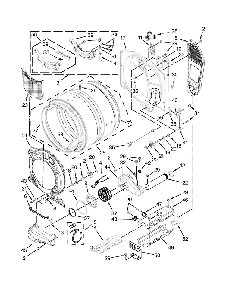 Bulkhead Parts Diagram and Parts List for WED95HEDC1  Whirlpool Dryer