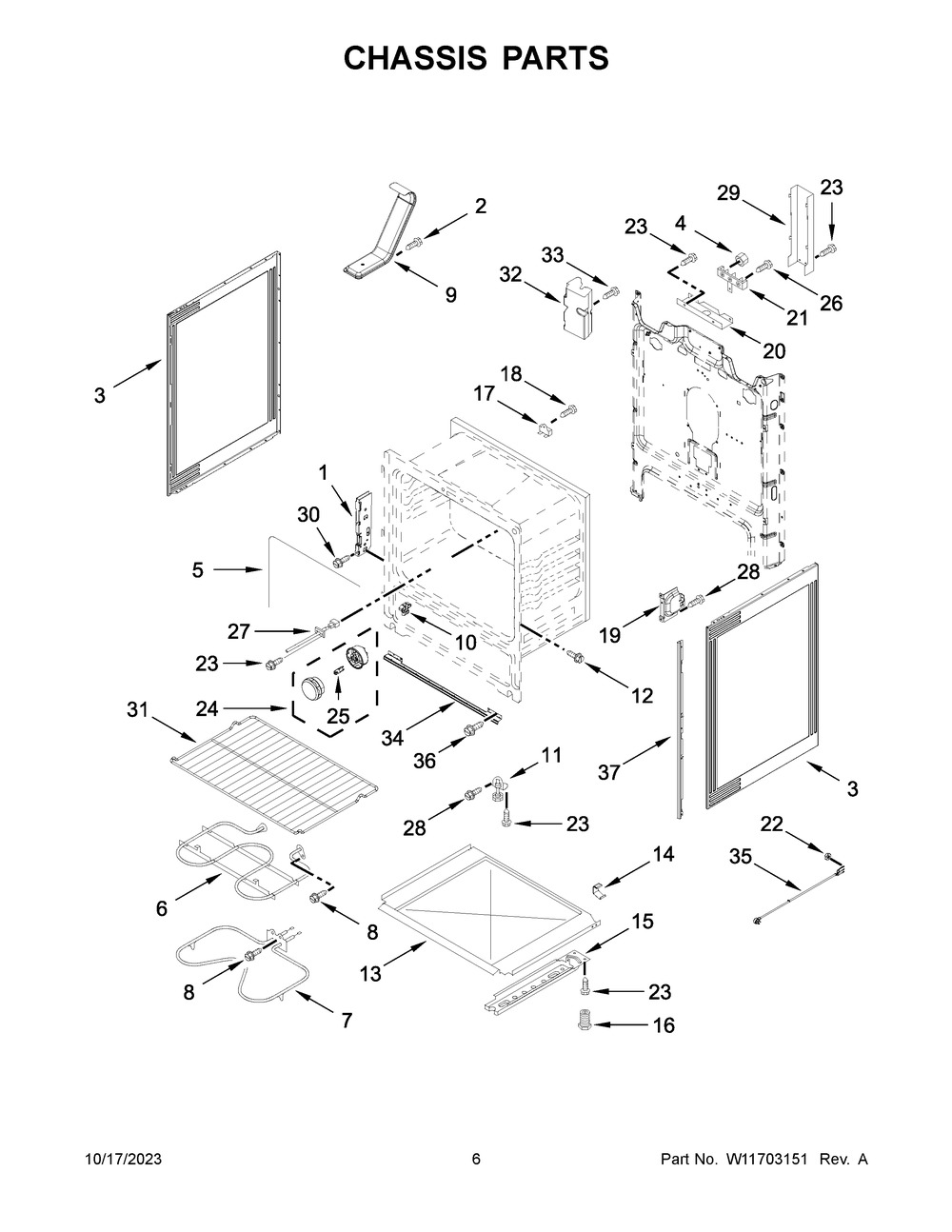 Chassis Parts Diagram and Parts List for YWFE505W0JZ4  Whirlpool Range