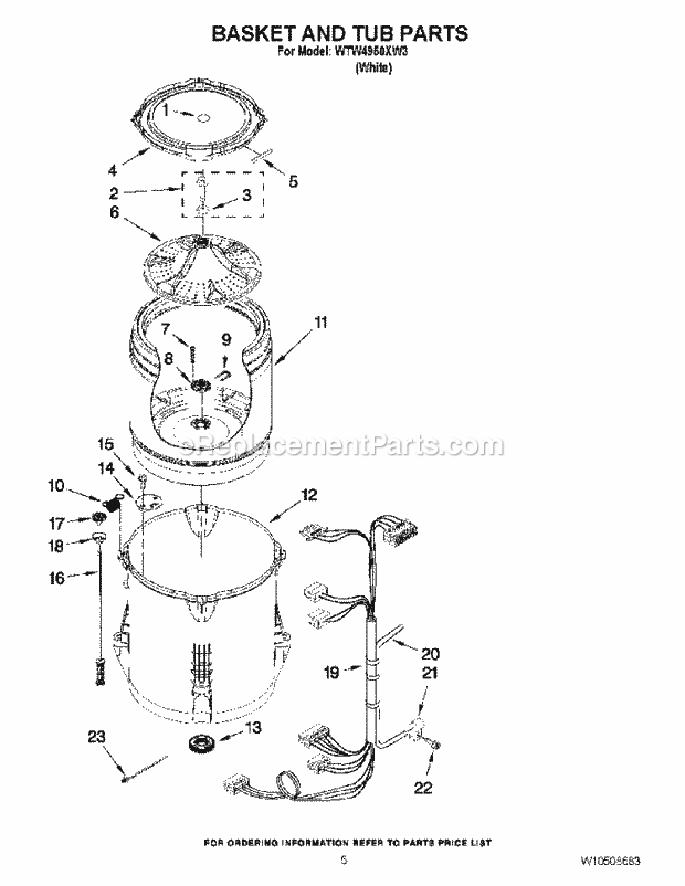 Basket And Tub Parts Diagram and Parts List for WTW4950XW3  Whirlpool Washer