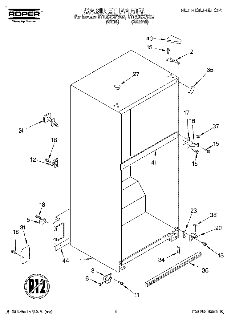 CABINET Diagram and Parts List for RT18DKXFN03  Roper Refrigerator