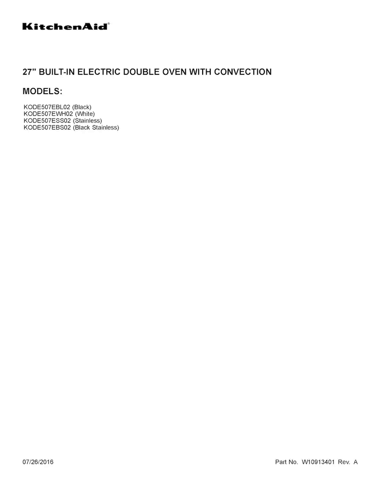 Cover Sheet Diagram and Parts List for KODE507EWH02  KitchenAid Wall Oven