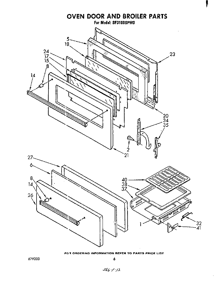 OVEN DOOR AND BROILER Diagram and Parts List for SF3100SPW0  Whirlpool Range