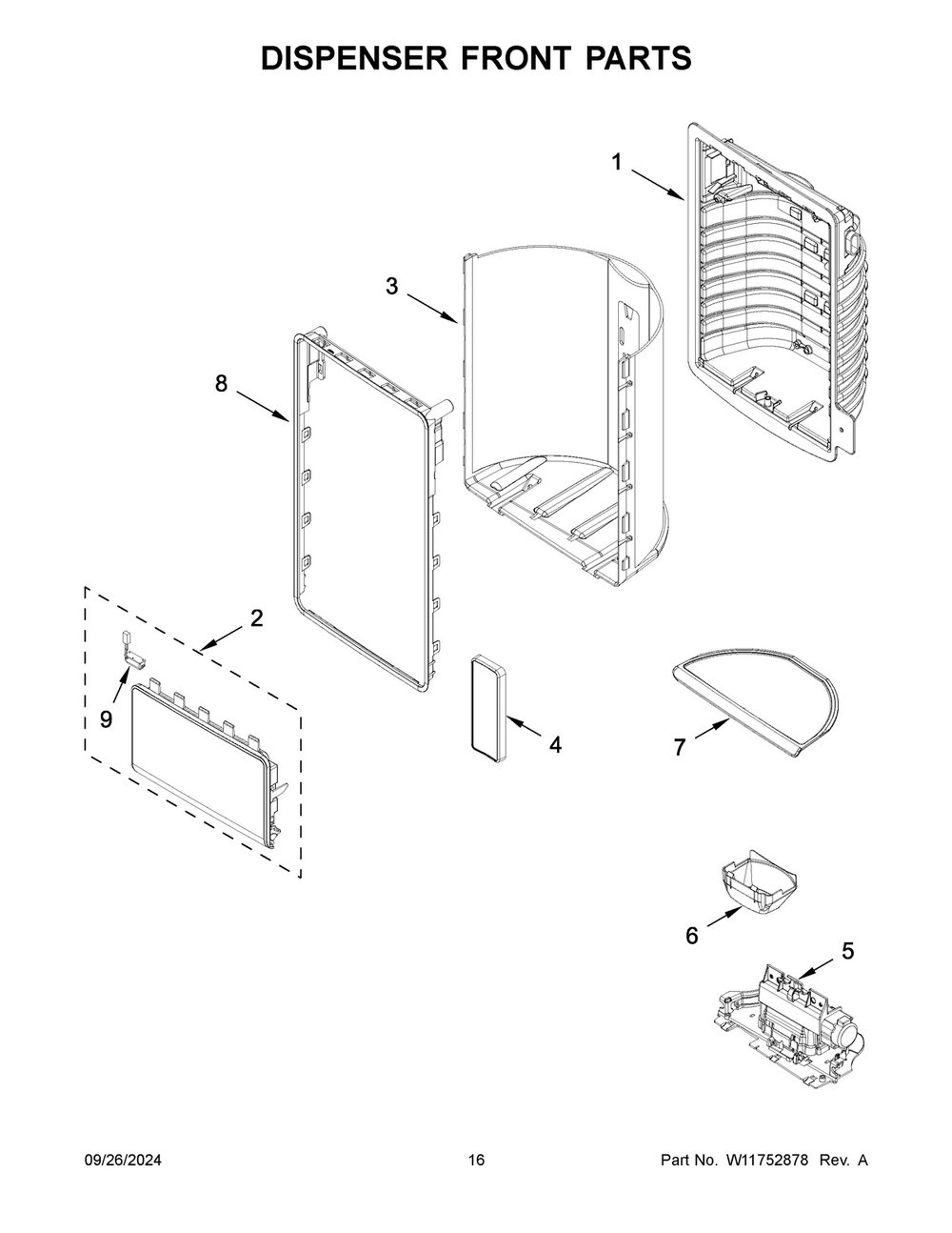 09 - Dispenser Front Parts Diagram and Parts List for KRMF536RBS01  Whirlpool Refrigerator