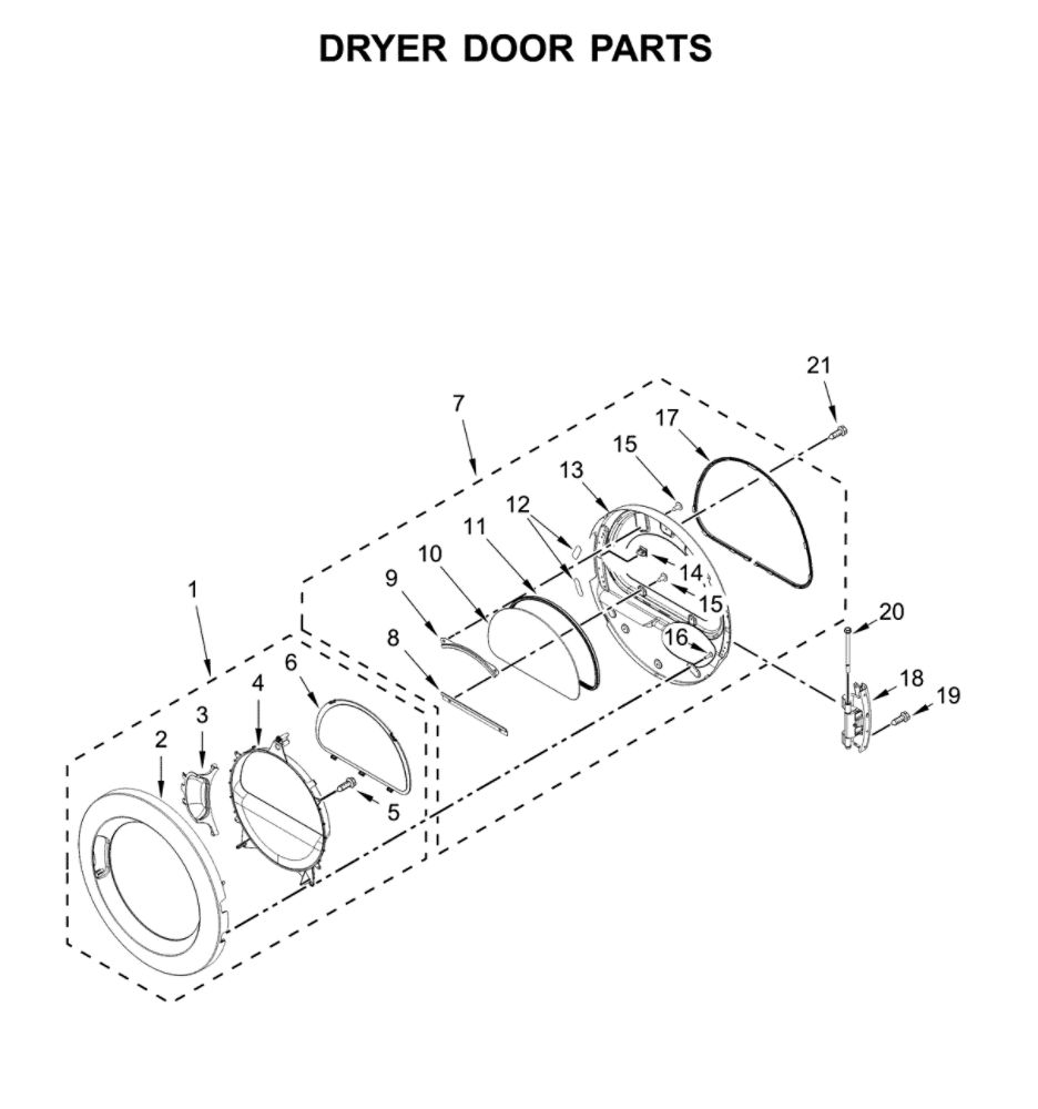 Dryer Door Parts Diagram and Parts List for CGT9100GQ0  Whirlpool Washer Dryer Combo