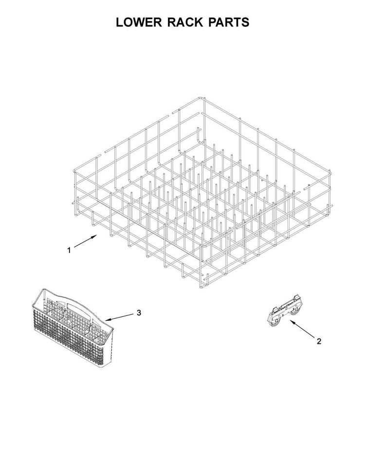 Lower Rack Parts Diagram and Parts List for WDF320PADB3  Whirlpool Dishwasher