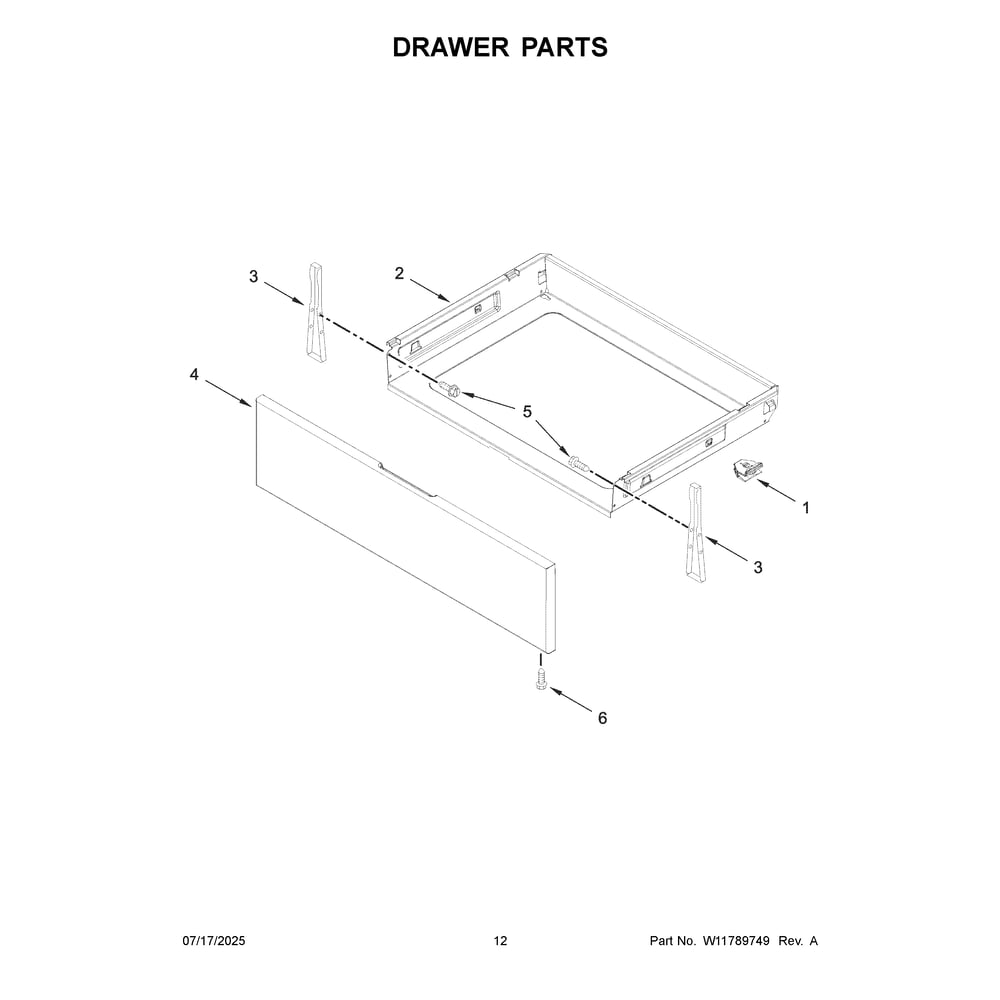Drawer Parts Diagram and Parts List for WFGS4530SW0  Whirlpool Range