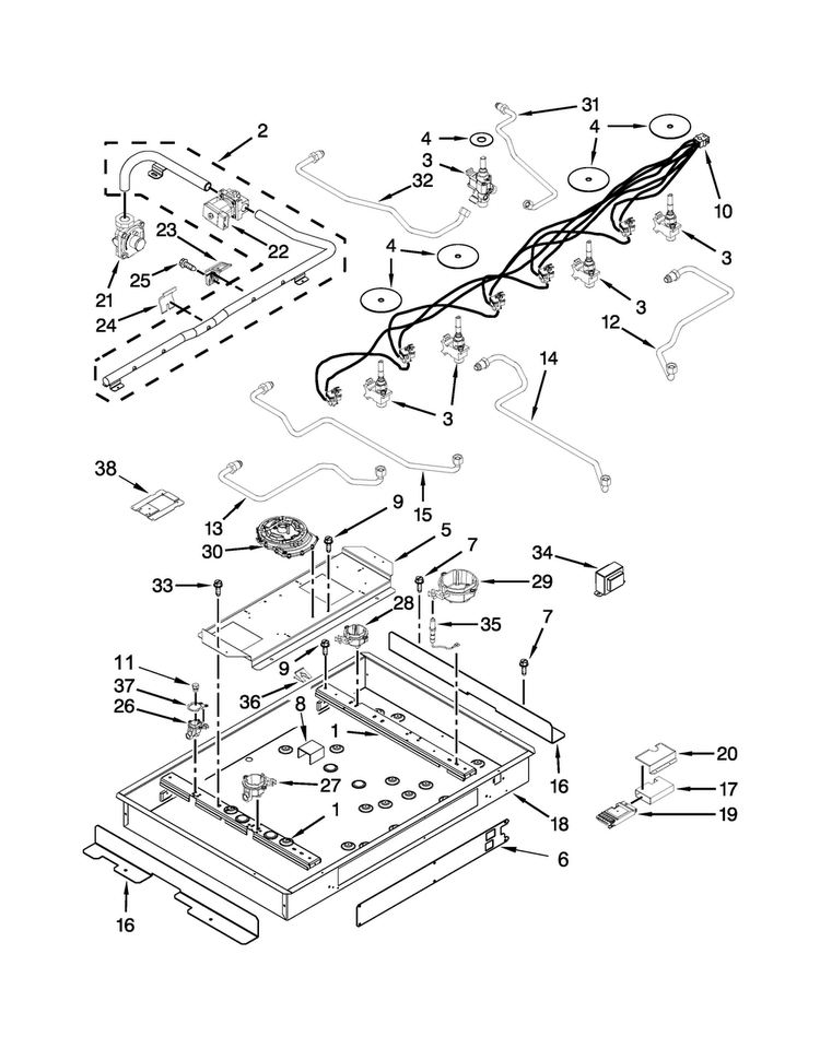 Burner Box, Gas Valves And Switch Parts Diagram and Parts List for KFGU706VSS04  KitchenAid Cooktop