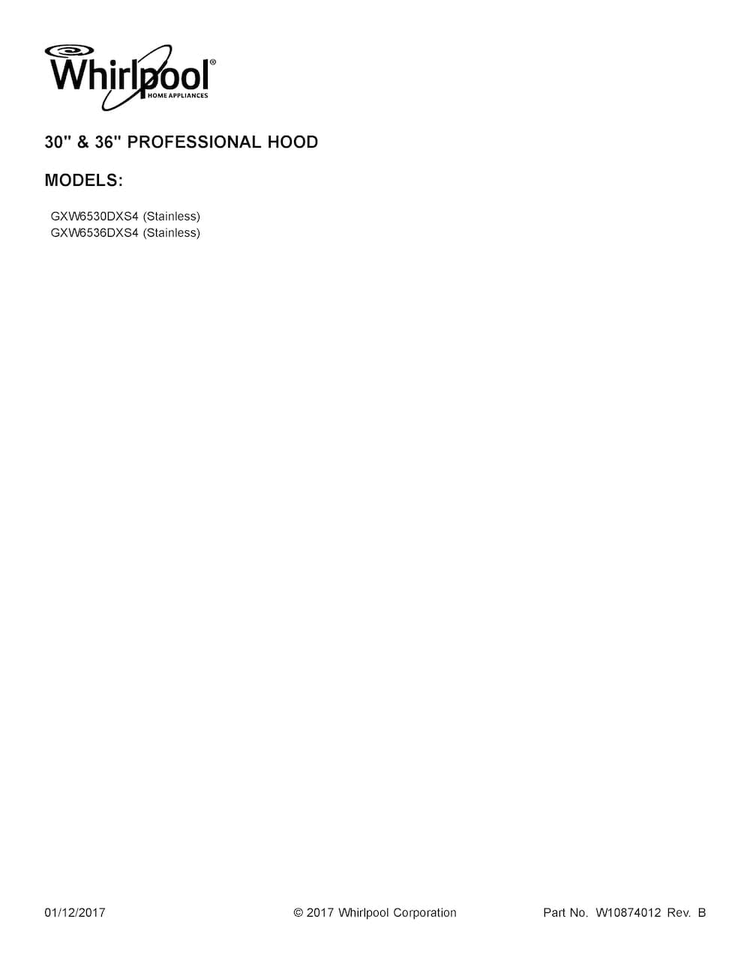 Cover Sheet Diagram and Parts List for GXW6530DXS4  Whirlpool Range Hood