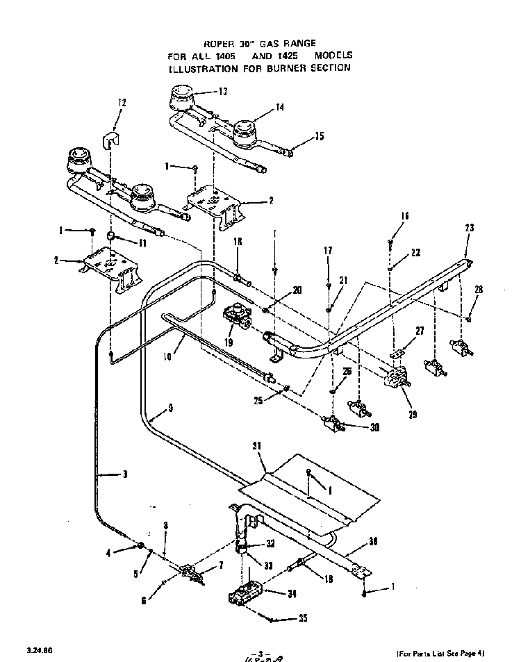 Burner Diagram and Parts List for 1405*1A  Roper Range