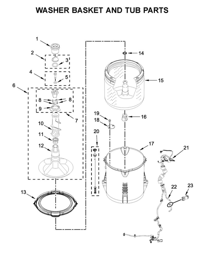 Washer Basket And Tub Parts Diagram and Parts List for WGTLV27HW2  Whirlpool Washer Dryer Combo