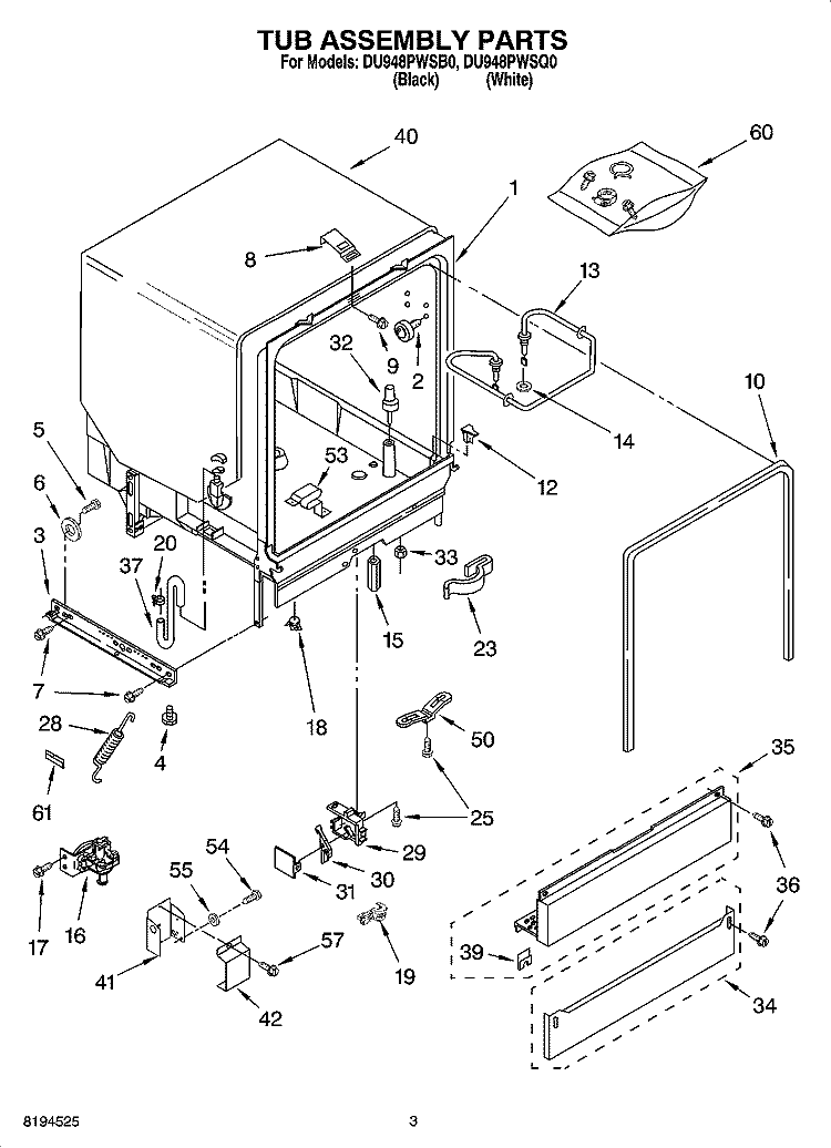 TUB ASSEMBLY PARTS Diagram and Parts List for DU948PWSQ0  Whirlpool Dishwasher