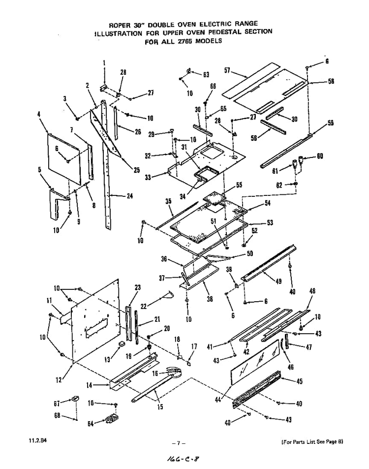 Upper Oven Pedestal Diagram and Parts List for 2765*0A  Roper Range