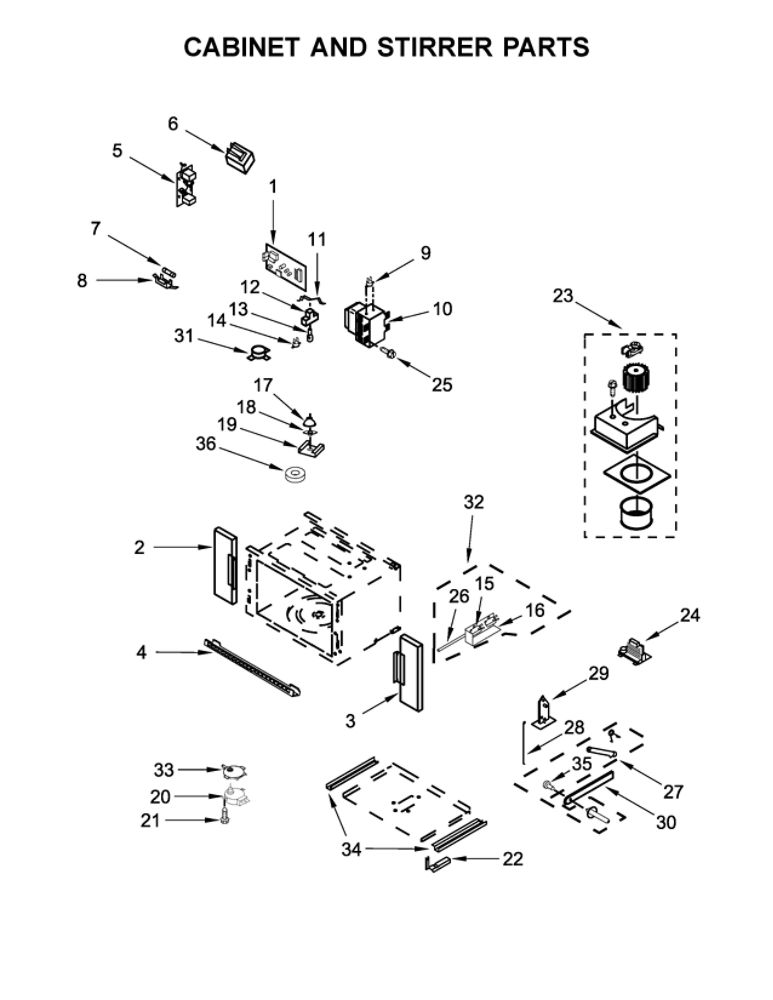 Cabinet And Stirrer Parts Diagram and Parts List for WOC75EC7HS00  Whirlpool Microwave Oven Combo