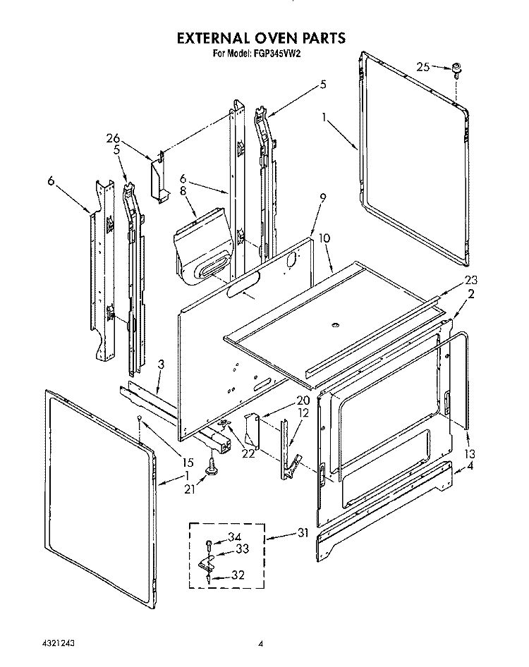 EXTERNAL OVEN Diagram and Parts List for FGP345VW2  Roper Range