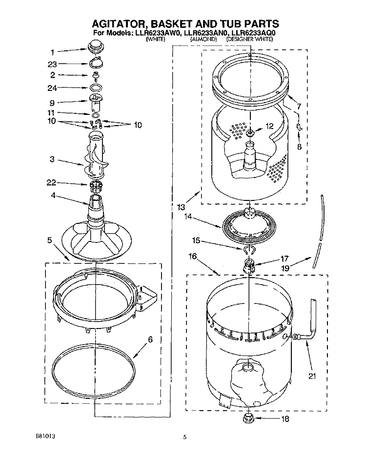 AGITATOR, BASKET AND TUB Diagram and Parts List for LLR6233AN0  Whirlpool Washer