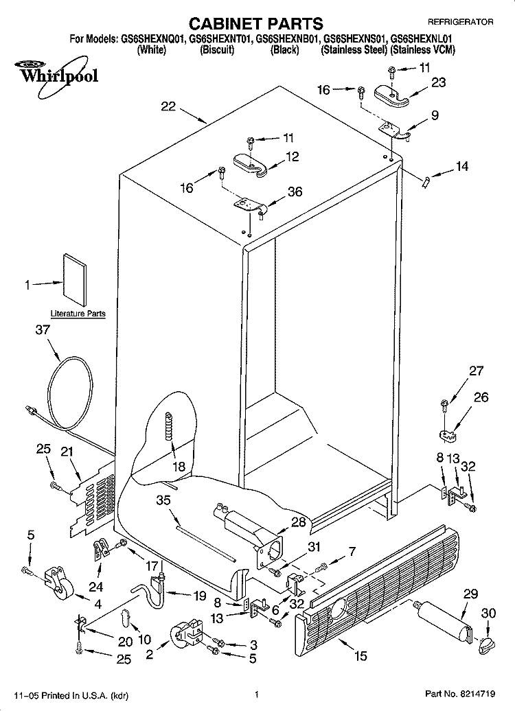 CABINET PARTS Diagram and Parts List for GS6SHEXNL01  Whirlpool Refrigerator