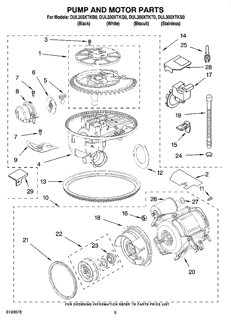 PUMP AND MOTOR PARTS Diagram and Parts List for DUL300XTKQ0  Whirlpool Dishwasher