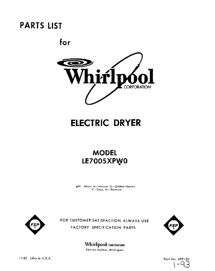 SECTION Diagram and Parts List for LE7005XPW0  Whirlpool Dryer