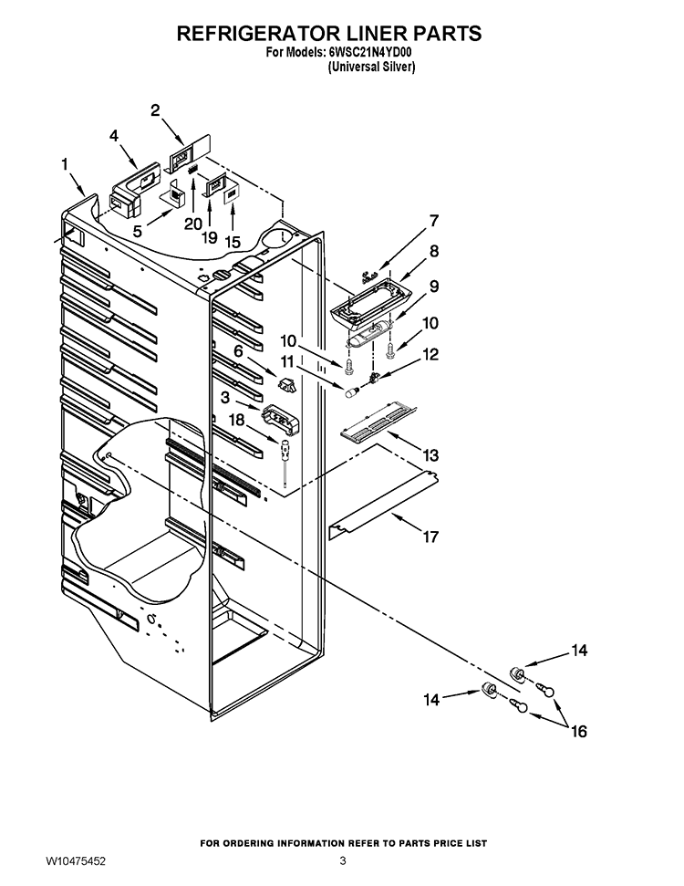REFRIGERATOR LINER PARTS Diagram and Parts List for 6WSC21N4YD00  Whirlpool Refrigerator