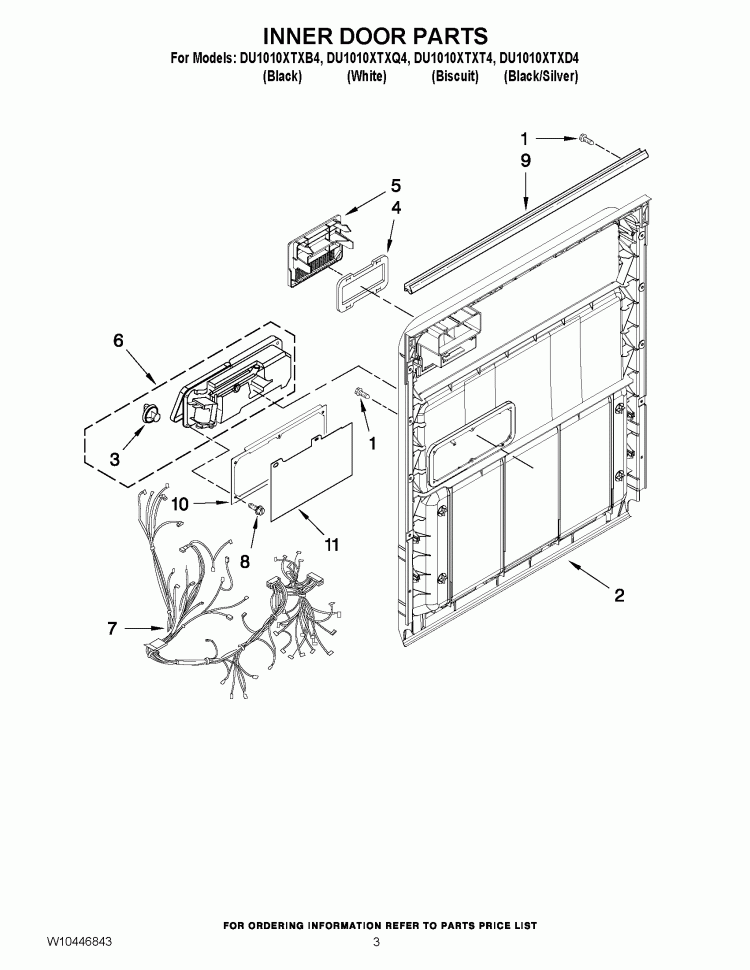 INNER DOOR PARTS Diagram and Parts List for DU1010XTXD4  Whirlpool Dishwasher