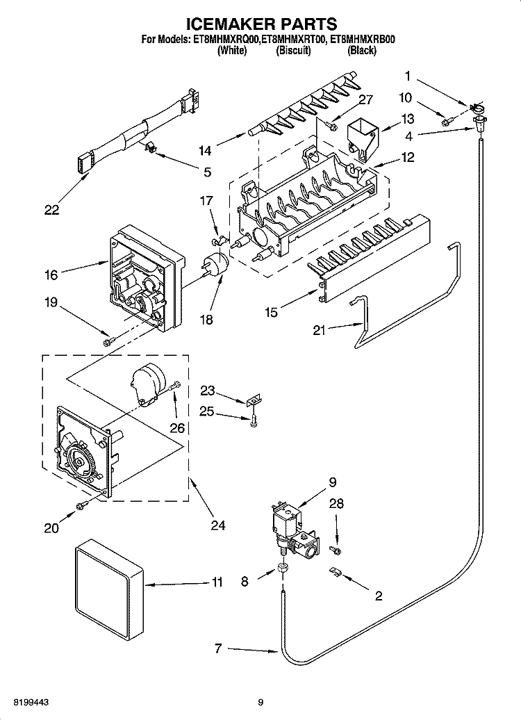 ICEMAKER PARTS Diagram and Parts List for ET8MHMXRB00  Whirlpool Refrigerator