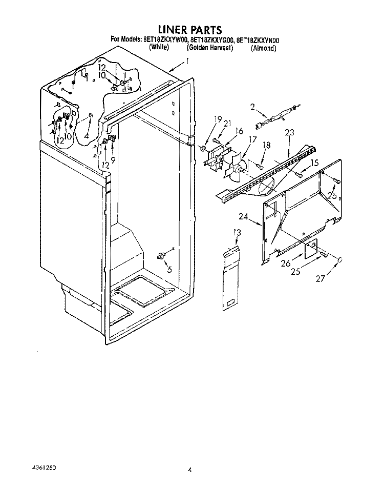 LINER Diagram and Parts List for 8ET18ZKXYG00  Whirlpool Refrigerator