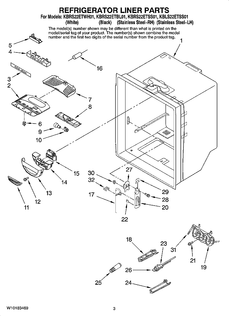 REFRIGERATOR LINER PARTS Diagram and Parts List for KBLS22ETSS01  KitchenAid Refrigerator