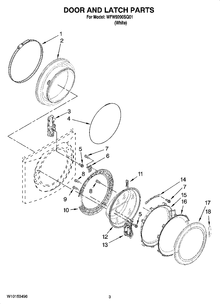 DOOR AND LATCH PARTS Diagram and Parts List for WFW9200SQ01  Whirlpool Washer