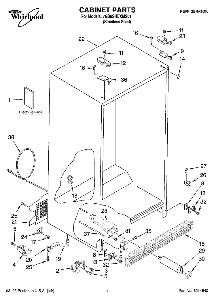 CABINET PARTS Diagram and Parts List for 7GS6SHEXMS01  Whirlpool Refrigerator