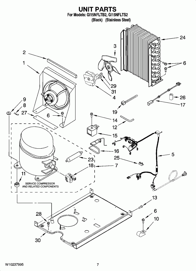UNIT PARTS, OPTIONAL PARTS (NOT INCLUDED) Diagram and Parts List for GI15NFLTB2  Whirlpool Ice Maker