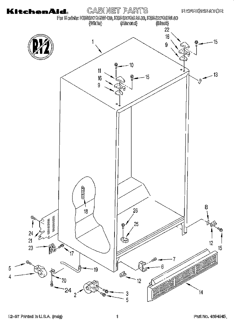 CABINET Diagram and Parts List for KSRS27QGWH00  KitchenAid Refrigerator