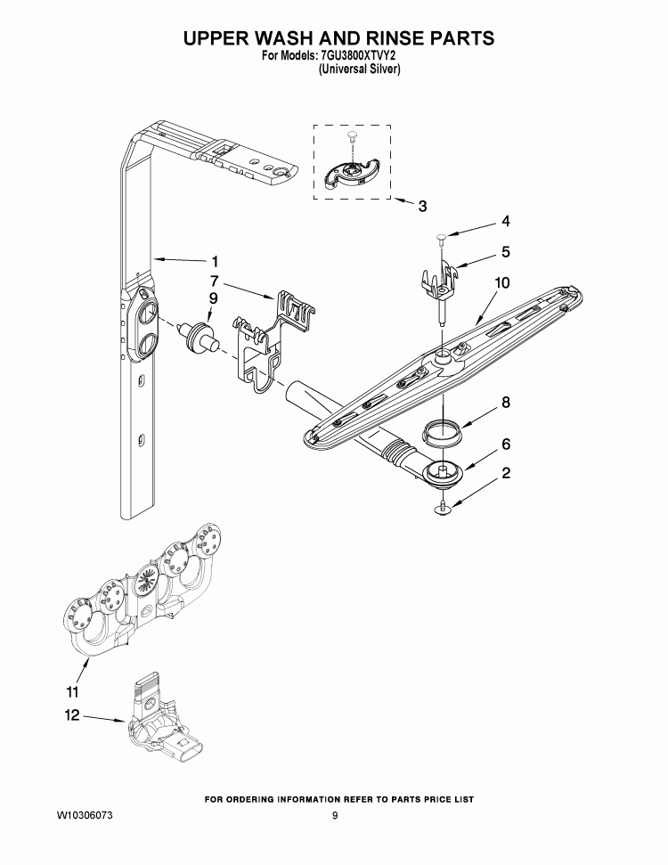 UPPER WASH AND RINSE PARTS Diagram and Parts List for 7GU3800XTVY2  Whirlpool Dishwasher