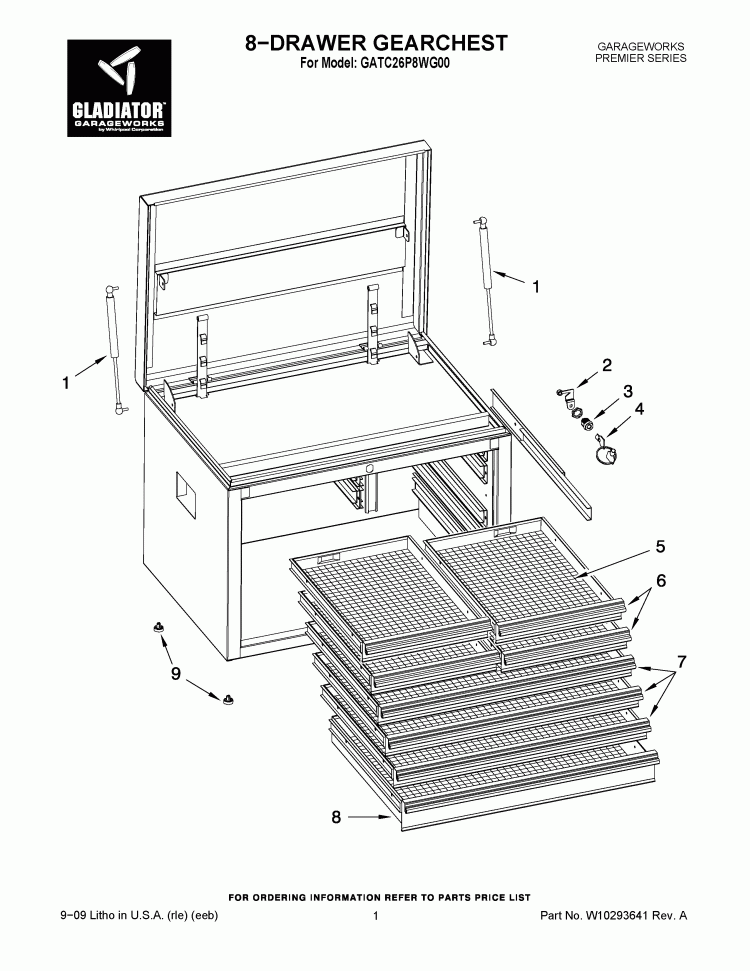 8-DRAWER GEARCHEST Diagram and Parts List for GATC26P8WG00  Whirlpool Cabinet