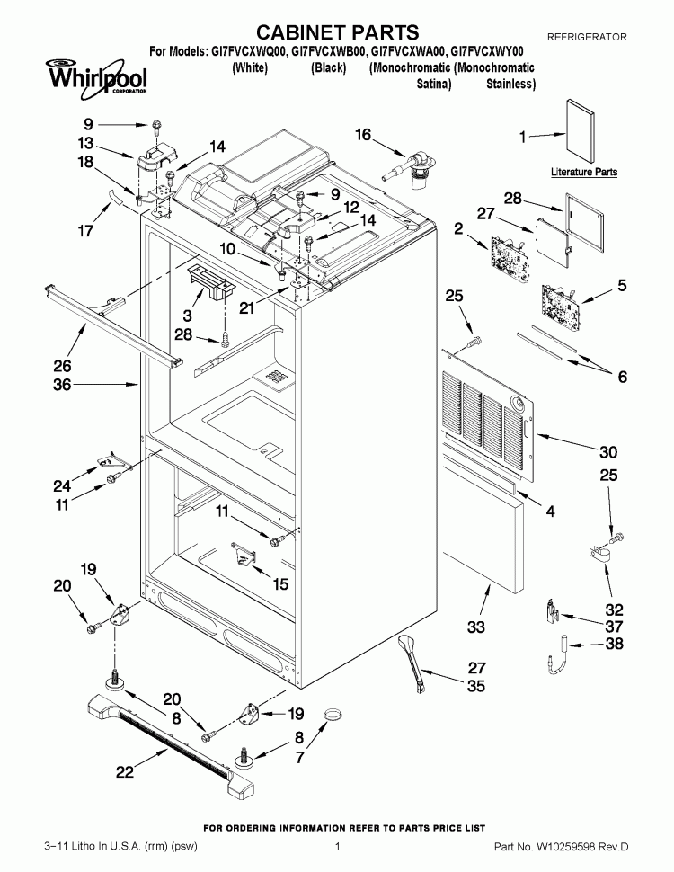 CABINET PARTS Diagram and Parts List for GI7FVCXWQ00  Whirlpool Refrigerator