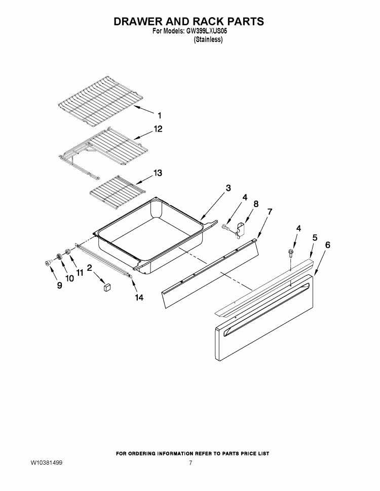 DRAWER AND RACK PARTS Diagram and Parts List for GW399LXUS05  Whirlpool Range