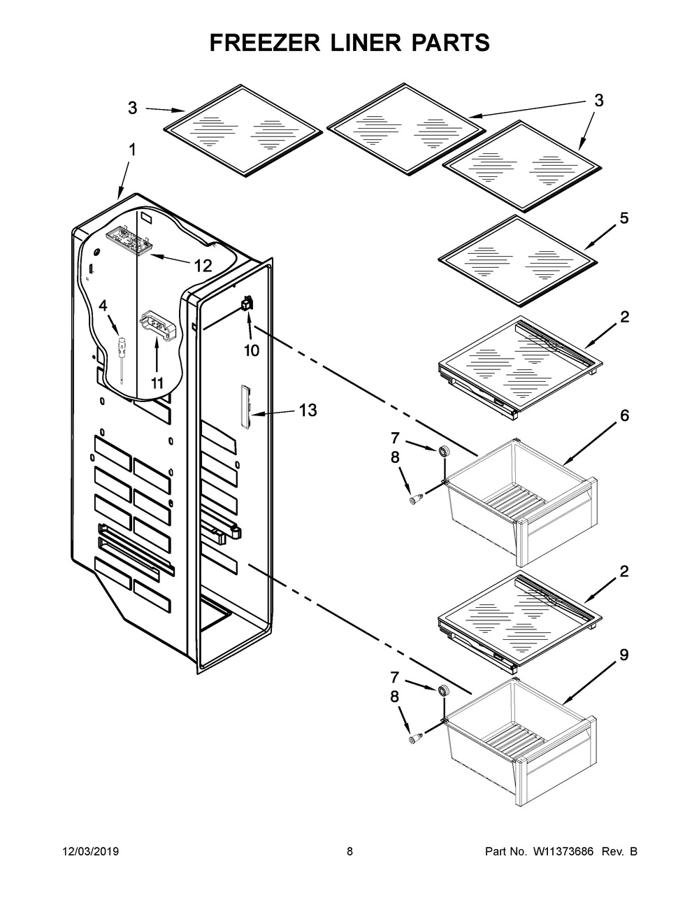 Freezer Liner Parts Diagram and Parts List for KRSC703HBS00  Whirlpool Refrigerator