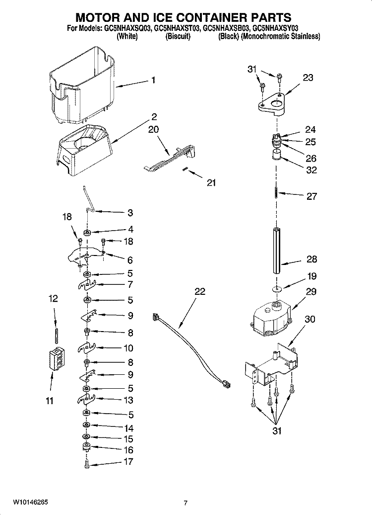 MOTOR AND ICE CONTAINER PARTS Diagram and Parts List for GC5NHAXSY03  Whirlpool Refrigerator