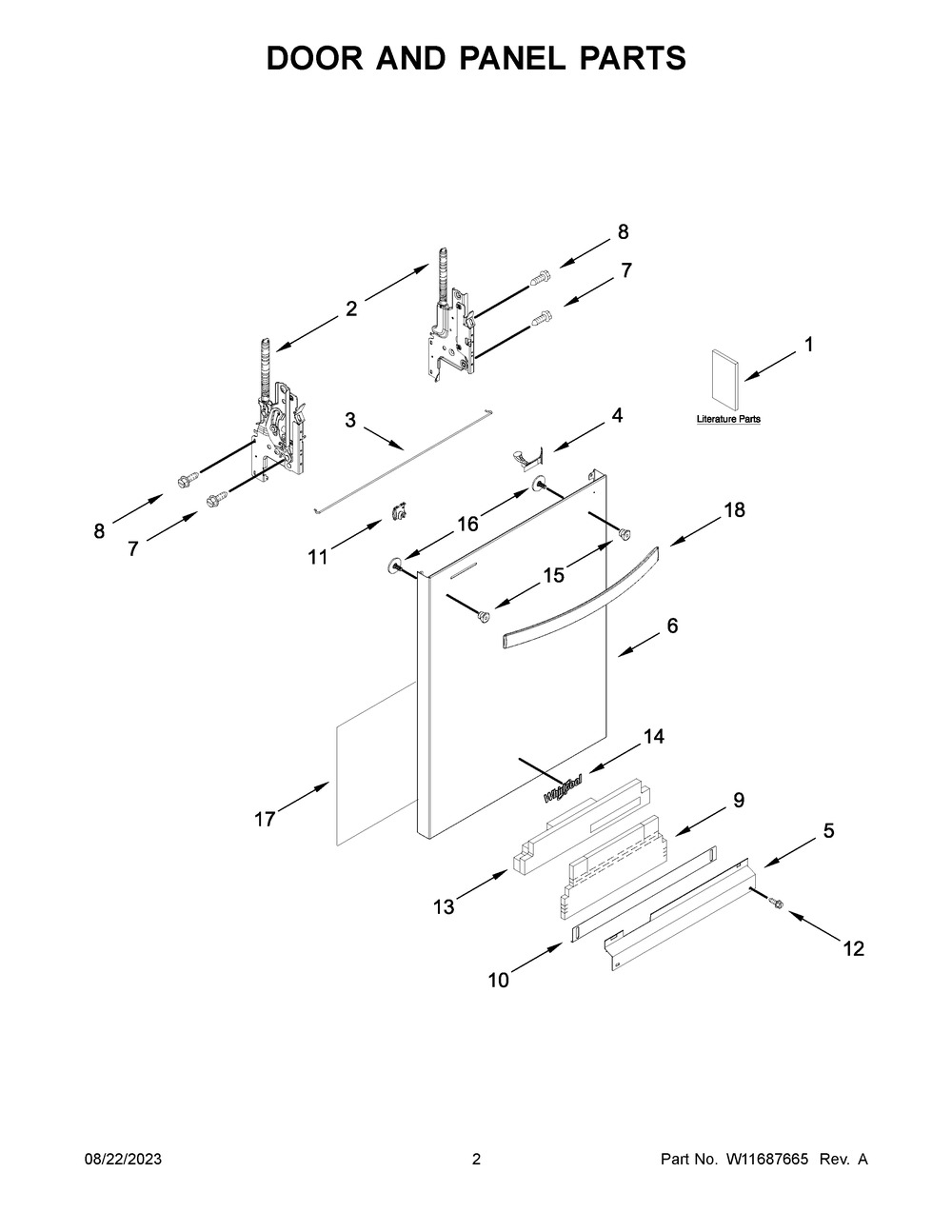 Door And Panel Parts Diagram and Parts List for WDT751SAPZ0  Whirlpool Dishwasher